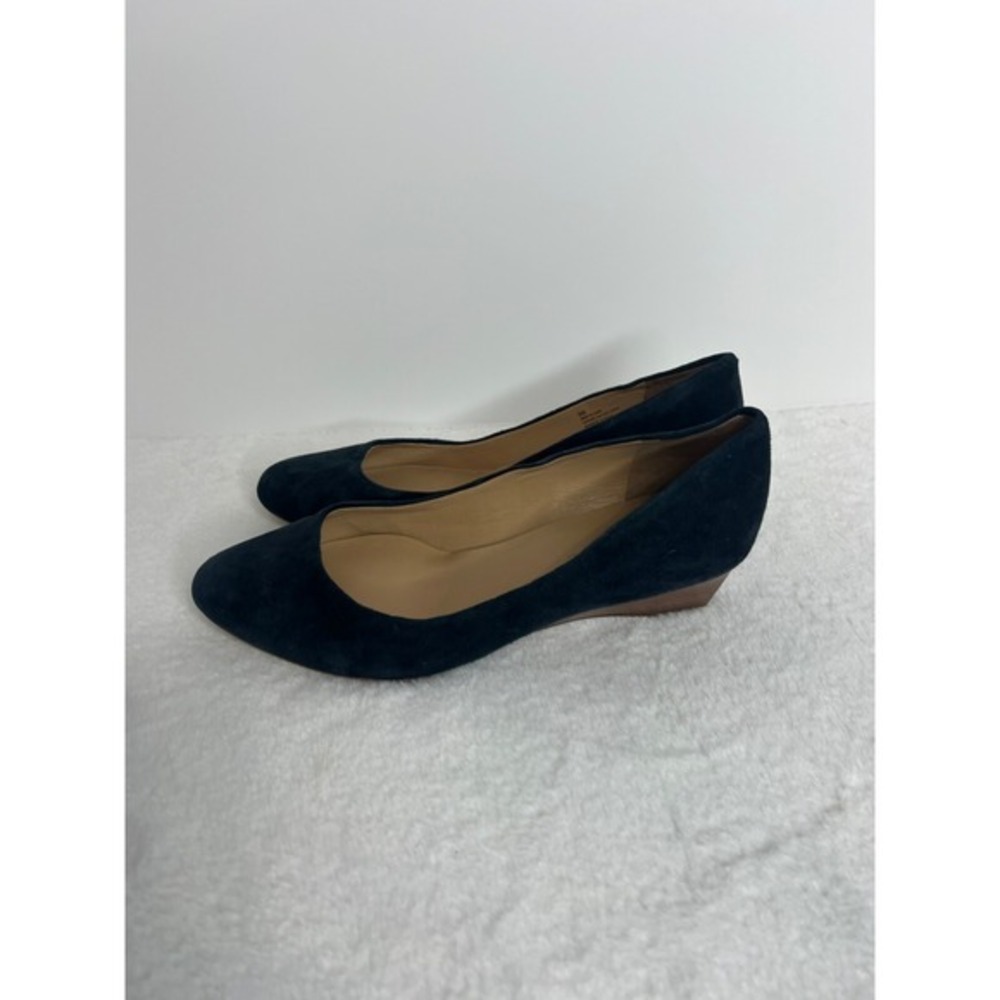 Navy Blue Suede Wedge Pumps Women 9W Genuine Leather Almond Toe Low Heel Shoes - Picture 2 of 8